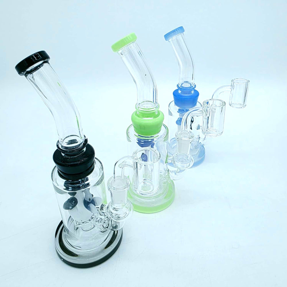 Flat bottom fancy design dab rig water pipe with 14MM bowl featuring durable glass construction, stable base, and water filtration for smooth hits.