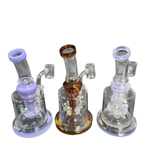 Flat bottom mushroom percolator dab rig water pipe with 14mm male banger, designed for stable use, smooth filtration, and clean vapor delivery.