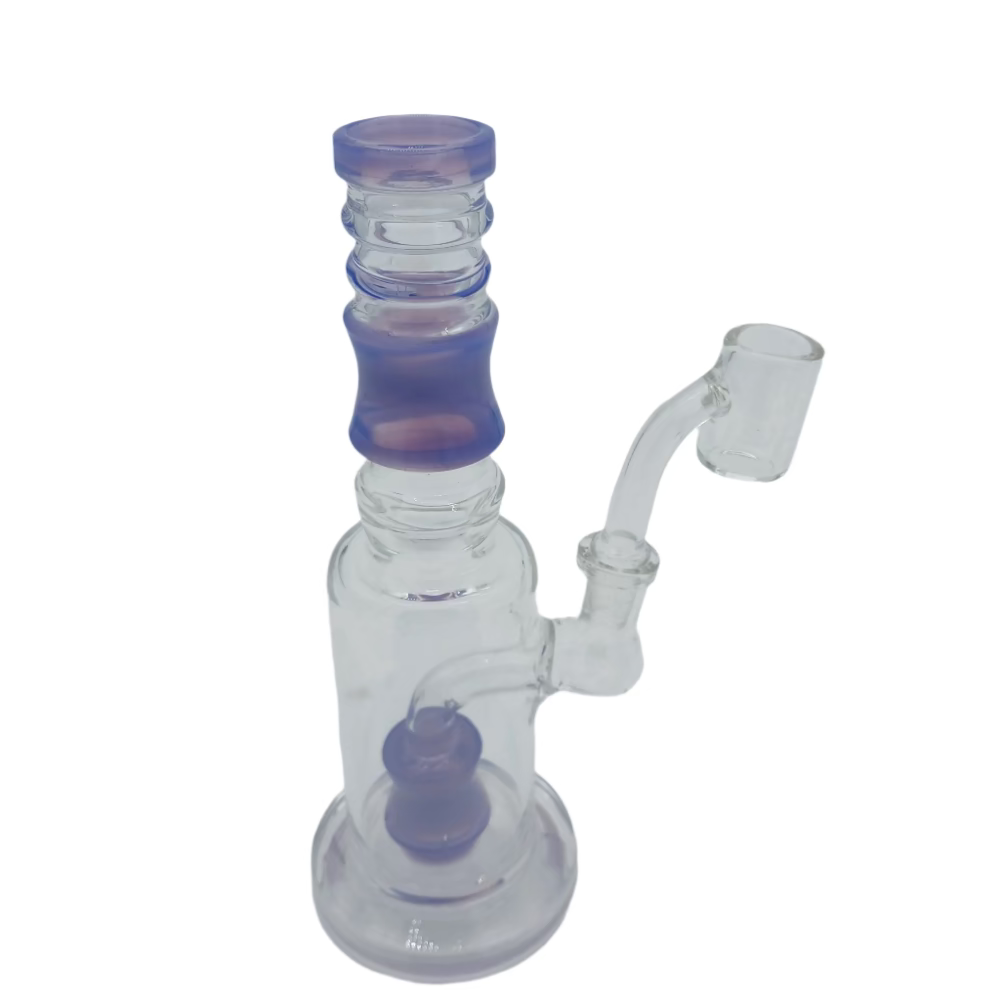 Flat bottom percolator glass water pipe featuring durable borosilicate construction and 14mm male quartz banger for smooth, filtered concentrate vapor hits.