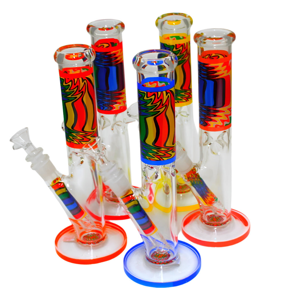 Flat bottom straight art color water pipe featuring durable borosilicate glass construction, vibrant artistic design, and smooth airflow system.