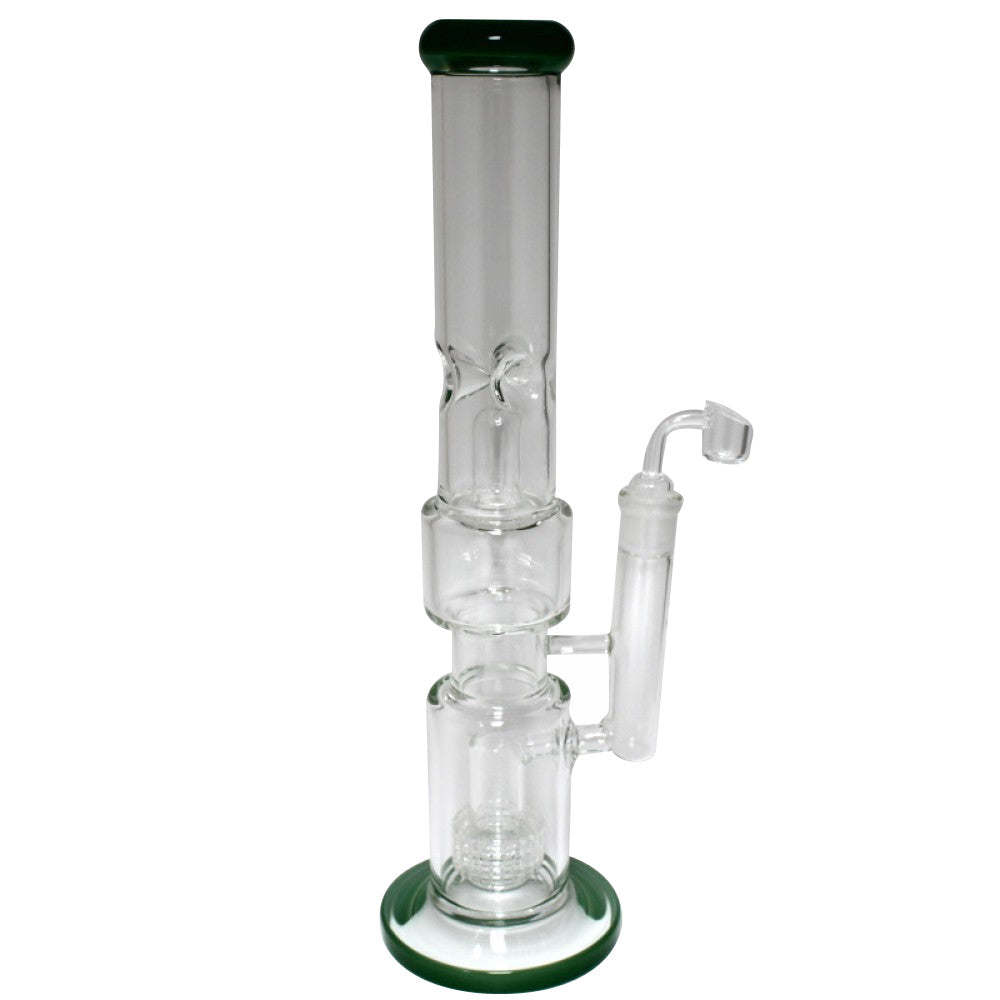 Flat bottom straight diamond cut design percolator water pipe with banger, durable glass construction and multi-stage filtration for smooth and clean smoking experience.