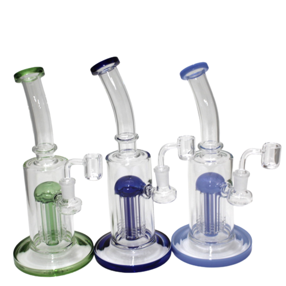 Flat bottom tree percolator dab rig water pipe with 14mm male banger featuring durable borosilicate glass and smooth filtration system.