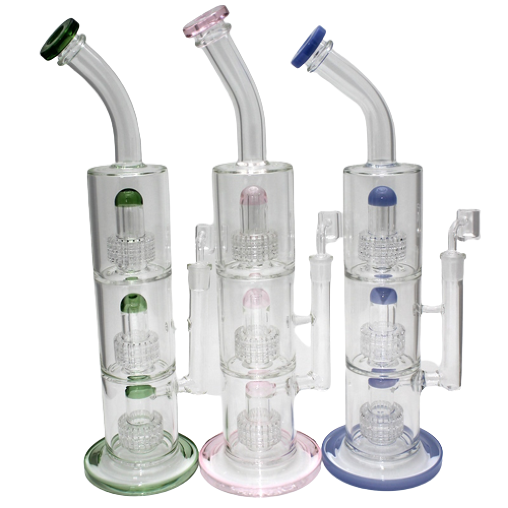 Flat bottom triple diamond cut percolator water pipe with 14MM male banger featuring heavy glass construction stable base and advanced filtration for smooth hits.