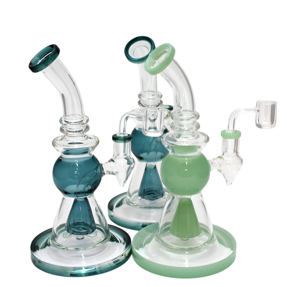 Flat bottom tube color dab rig water pipe with 14mm male banger, durable glass build with stable base and smooth water filtration for dabbing.