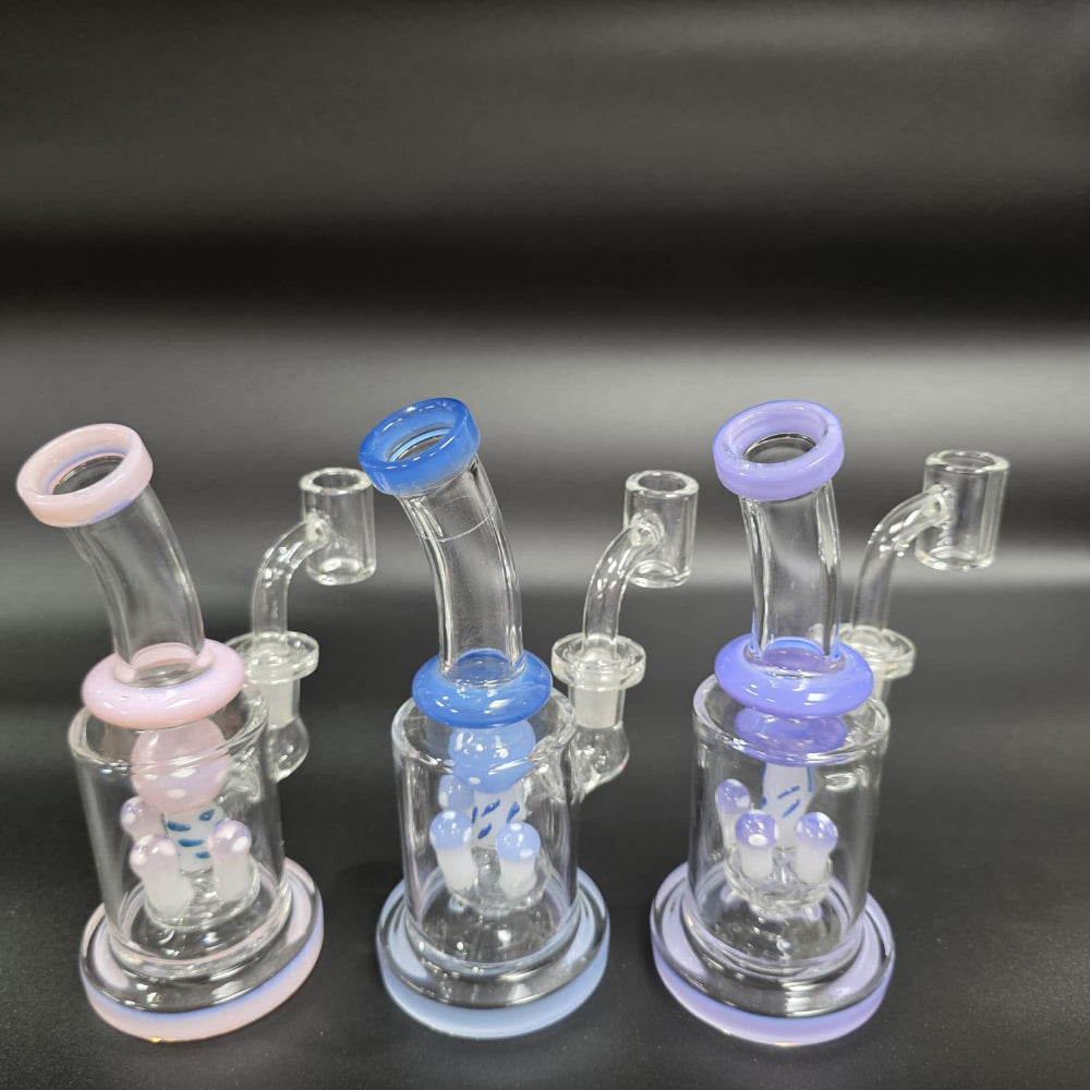 Flat bottom tube color mushroom percolator dab rig water pipe with 14mm male banger, offering stable design, smooth airflow, and efficient vapor filtration.