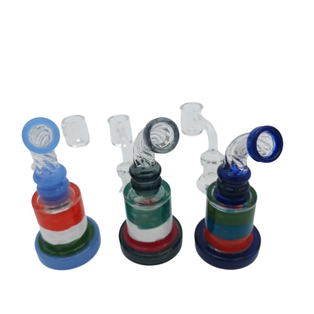 Flat bottom twisted top colorful glass dab rig water pipe with durable borosilicate build and 14mm male quartz banger for smooth concentrate use.
