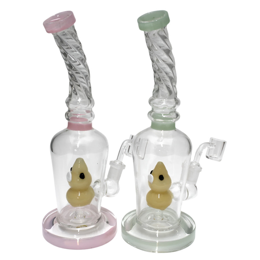 Flat bottom twisted top water pipe with 14mm male banger featuring durable glass construction, stable base, and smooth airflow system.