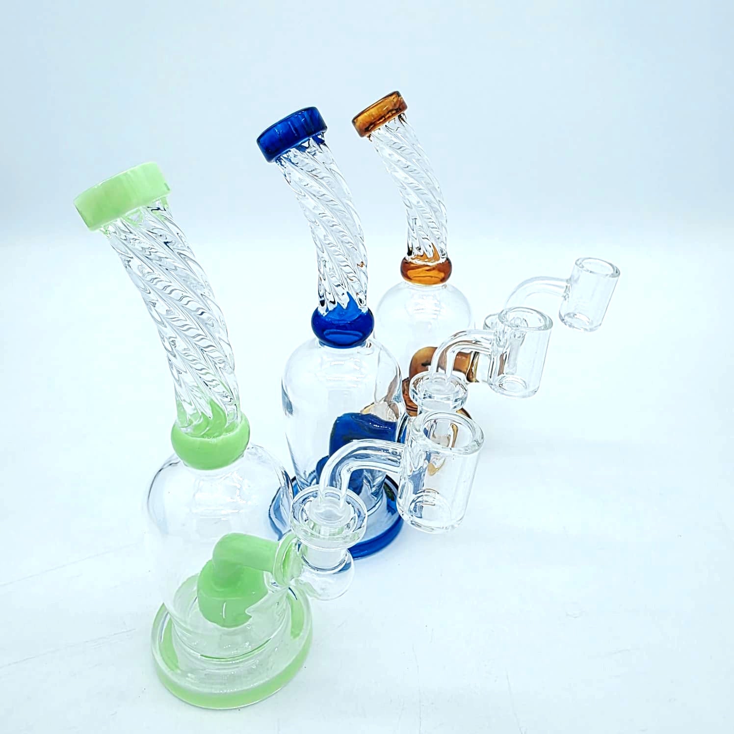 Flat bottom twisted top water pipe with 14MM male banger featuring durable glass construction, stable base design, and water filtration for smooth smoking experience.