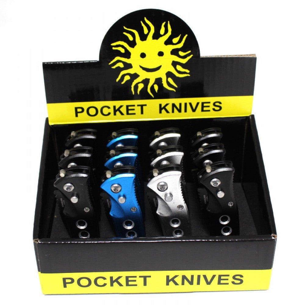 Folding pocket knives assorted color with pocket clip, 12 pieces display pack, durable stainless steel blades with compact folding design for daily use.