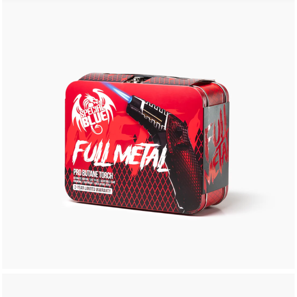 Full Metal Pro Torches Toolbox with durable metal body, powerful torch flame, adjustable control, refillable butane system, and storage case.