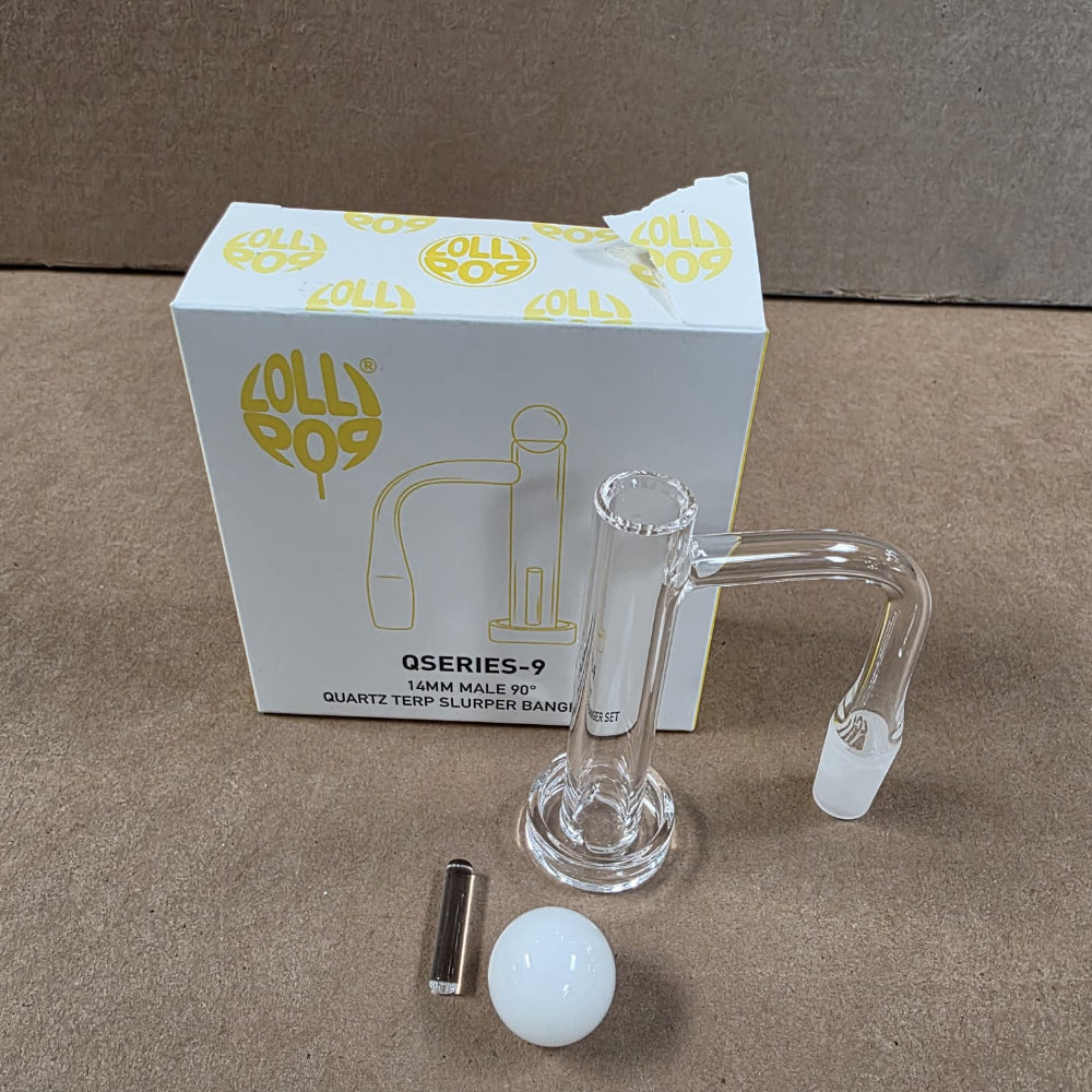 Q Series 9 fully quartz terp slurper banger set featuring a 14mm 90-degree connection and durable quartz construction.