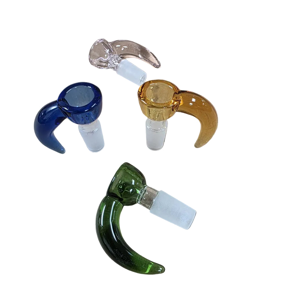 Decorative hook design glass bowl with 14mm male joint offering heat resistance, durability, and easy compatibility with water pipes.