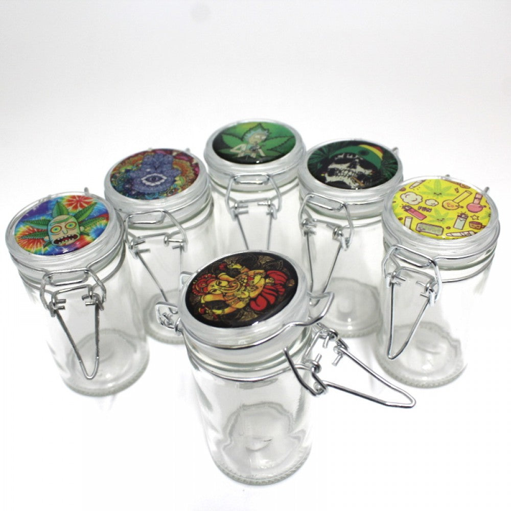 Small glass jar with top decal design and clip lid, durable clear glass body, airtight closure, and stylish compact storage container.