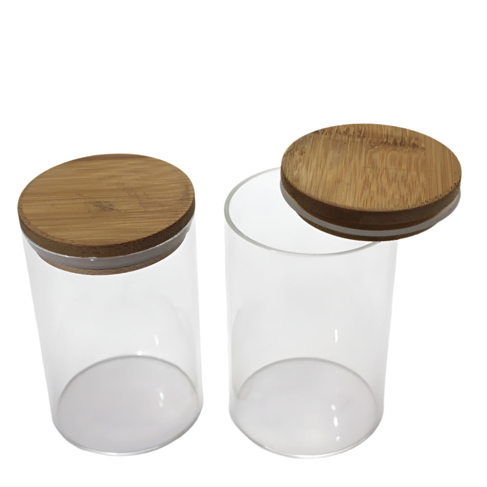 Medium size glass jar with wooden lid, durable clear glass body, secure closure, and elegant storage design for everyday organization.