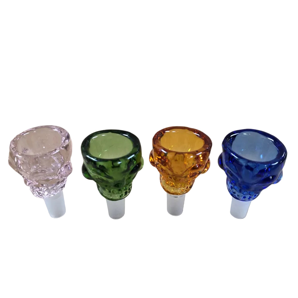 Decorative skull design glass bowl with 14mm male joint offering heat resistance, durability, and easy compatibility.