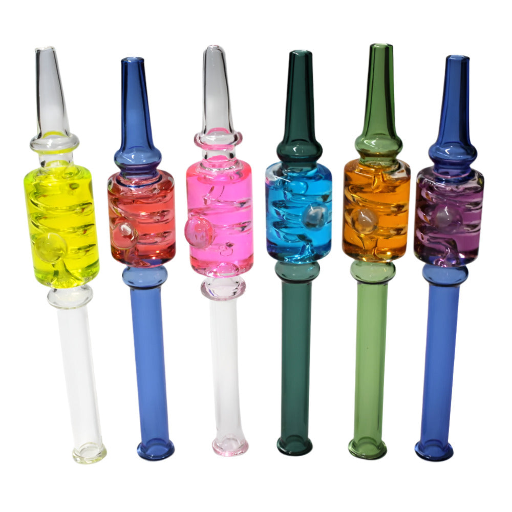 Glass Straw Kit with Liquid Filled Coil Design featuring colorful visual appeal and sturdy glass construction for smooth dabbing sessions.
