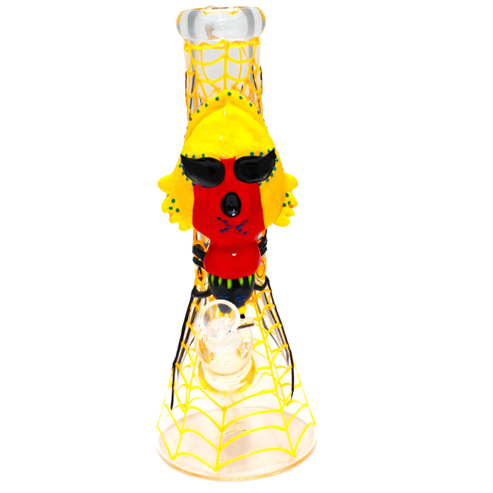 Glow in the dark big spider design in net heavy duty beaker water pipe with durable glass body and stable base for smooth smoking experience.