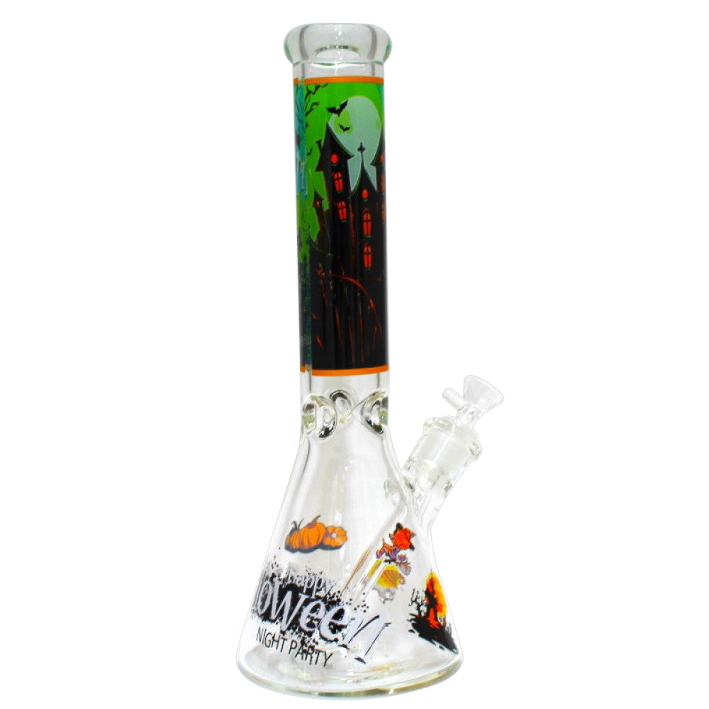 Glow Halloween Heavy Beaker Art Glass Water Pipe featuring thick durable glass, glow-in-the-dark seasonal artwork, and beaker base for smooth filtration performance.