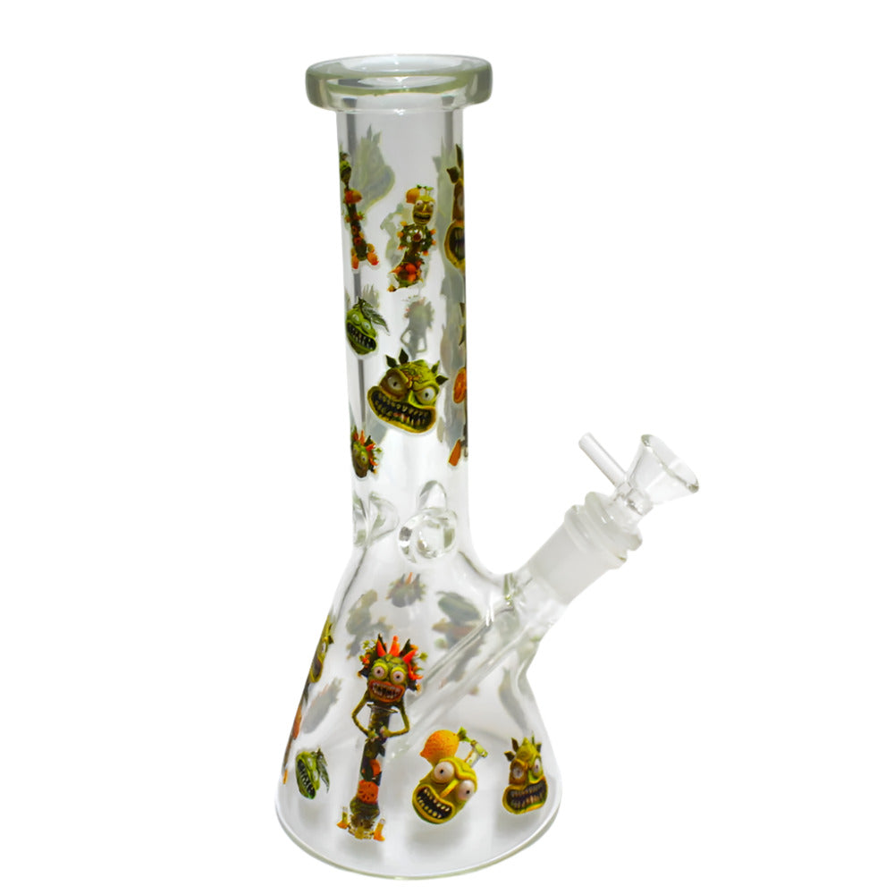Glow in the dark beaker water pipe with monster design decal, featuring a 14mm male bowl, durable glass construction, and eye-catching luminous artwork.