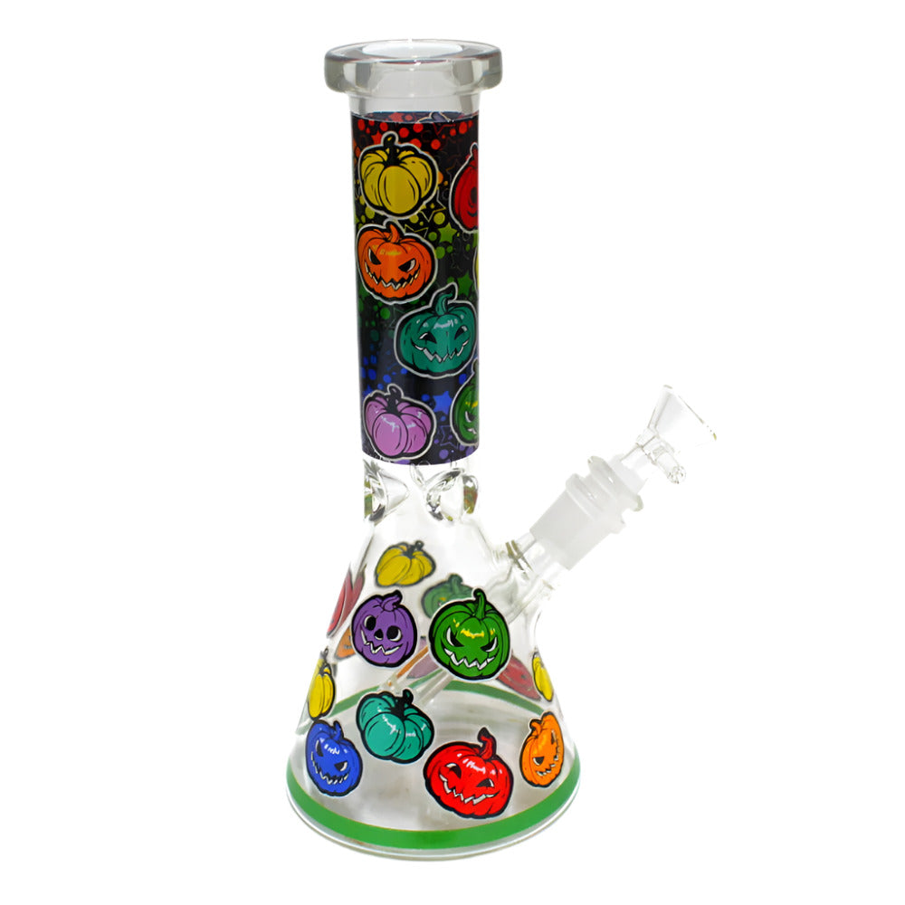 Glow in the dark Halloween beaker water pipe with colorful design, 14mm male bowl, and glass-on-glass joint system for smooth filtration and stable base.