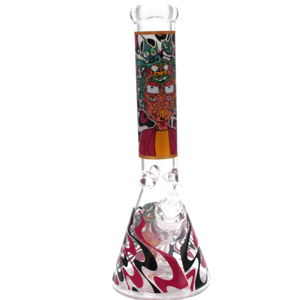 Glow in Dark Heavy Beaker Decal Glass Water Pipe featuring thick durable glass construction, glow-in-the-dark artwork, and glass-on-glass connection for smooth airflow.