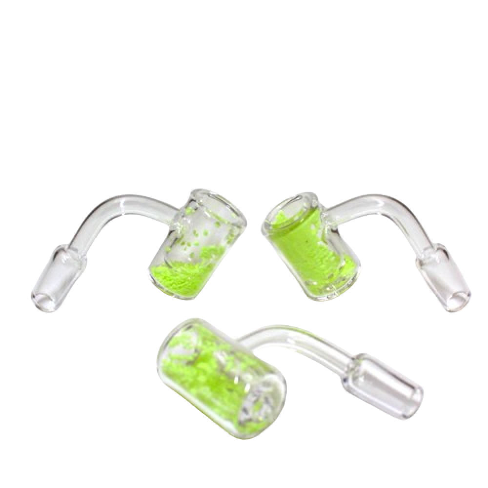 Glow in the dark 14MM male quartz banger made from heat resistant glass for smooth airflow and even heating performance.