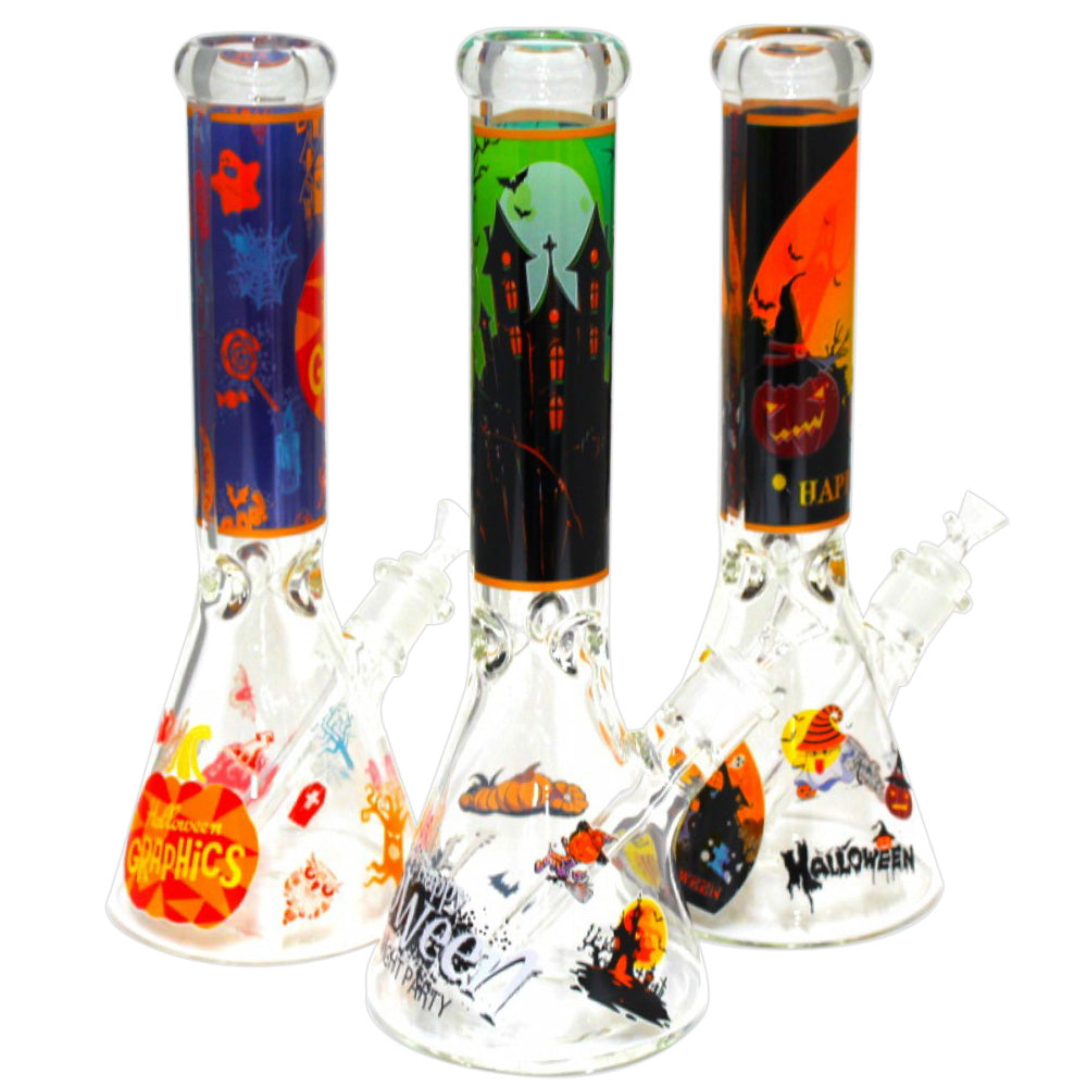 Glow in the dark Halloween design beaker water pipe with artistic picture print, heavy-duty glass construction, and stable beaker base.