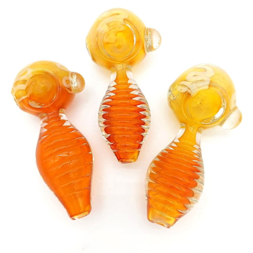 Gold Color Ribbed Glass Pipe made from durable borosilicate glass with elegant ribbed design, compact, heat-resistant, and easy to use pipe.