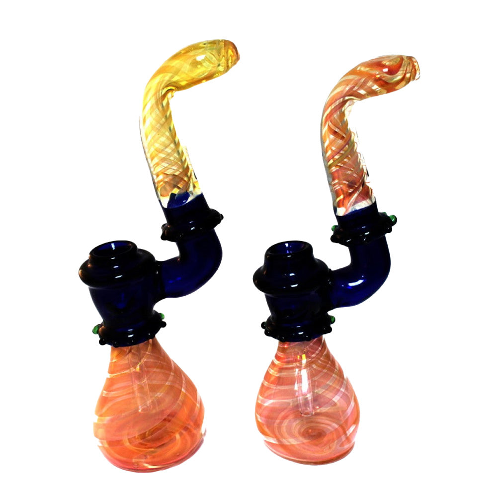 Gold Fumed With Blue Tube Color Heavy Duty Bubbler Large Size with thick handcrafted glass construction and artistic blue tube accents.