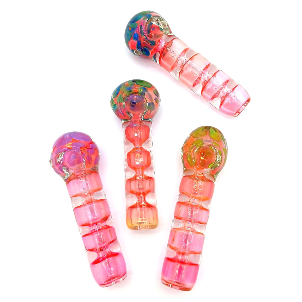 Heavy duty glass hand pipe with elegant gold fumed color finish, crafted from thick durable glass for a smooth smoking experience and premium stylish look.