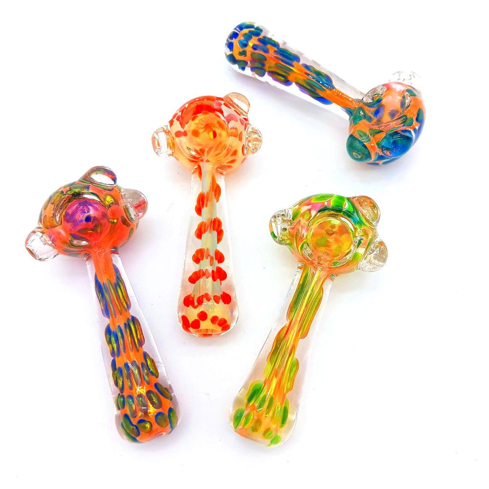 Gold fumed heavy duty glass hand pipe featuring shimmering gold-toned finish, thick durable glass construction, and compact ergonomic design for smooth use.