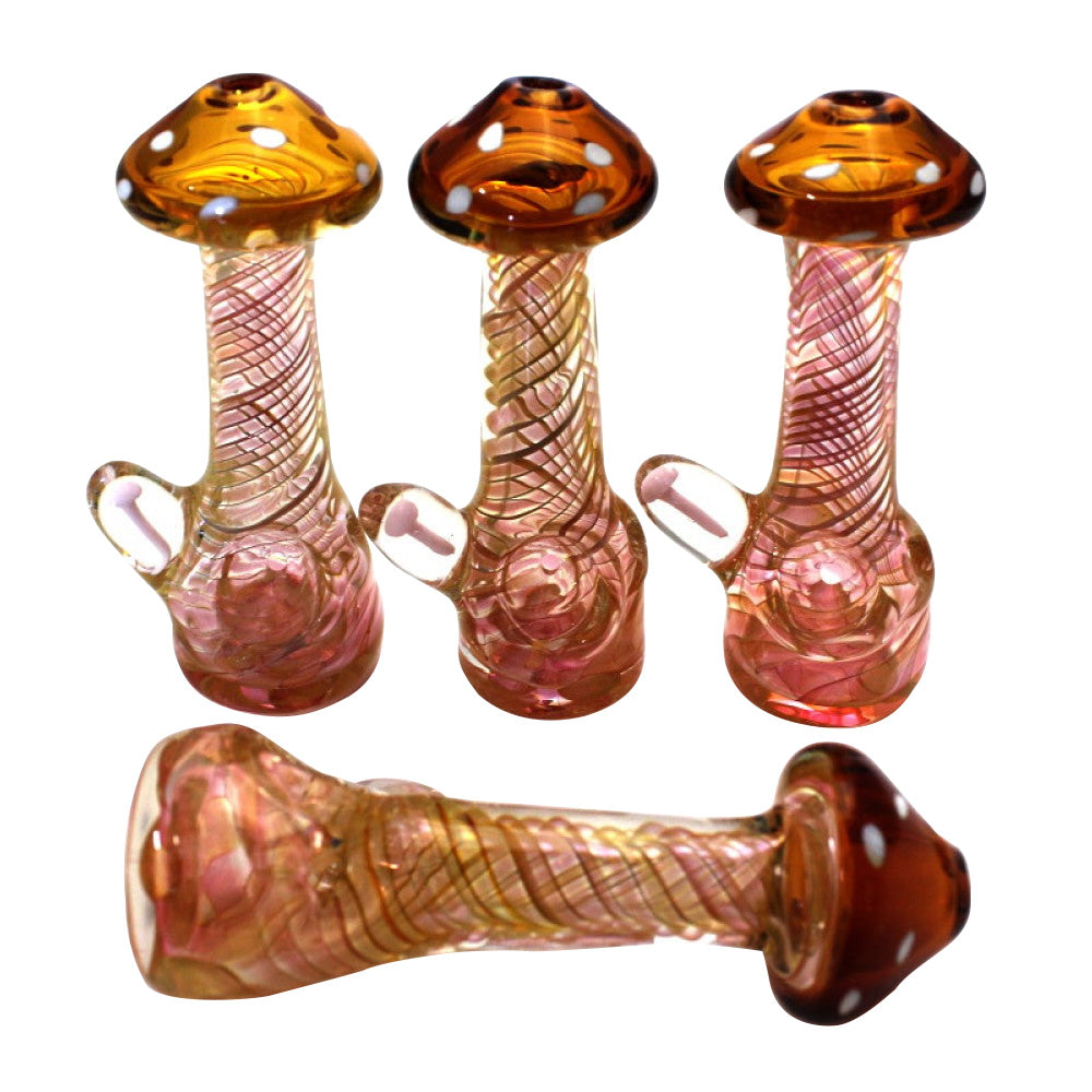 Gold fumed mushroom design standing extra heavy duty glass hand pipe with durable handcrafted construction and unique artistic detailing.