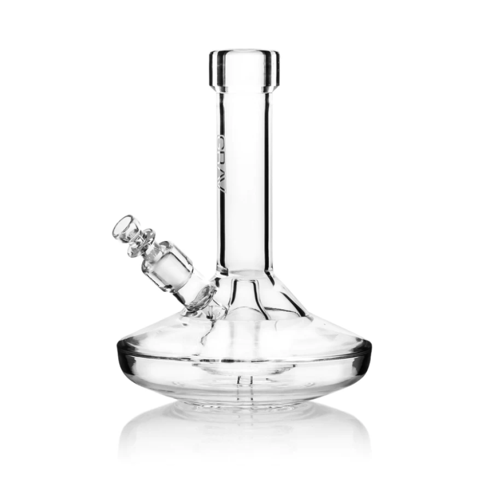 GRAV small wide base water pipe in clear glass, compact and durable borosilicate design with a stable base for smooth and reliable water filtration.