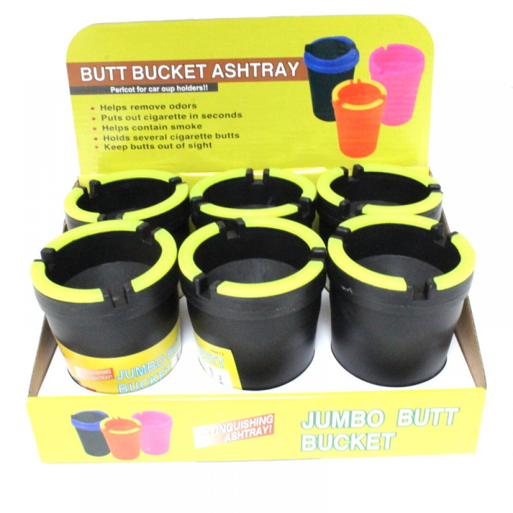 GS30496 glow in the dark butt bucket car ashtray 6 per display pack, durable cup holder design with secure lid for night use and travel convenience.