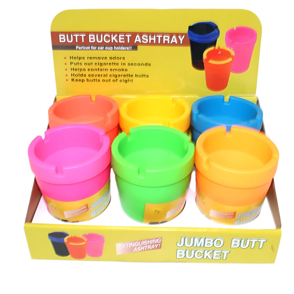 GS3094 neon color butt bucket car ashtray 6 per display pack, durable cup holder design with secure lid for car use and travel convenience.