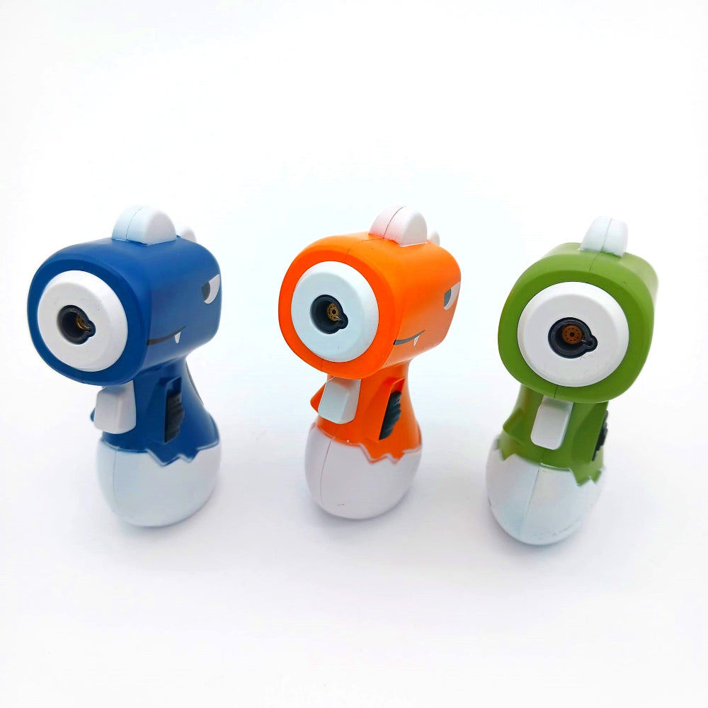 GT-036 Clickit cartoon dinosaur mini torch lighter 12pcs box, featuring a fun dinosaur design, powerful wind-resistant jet flame, and durable portable construction.