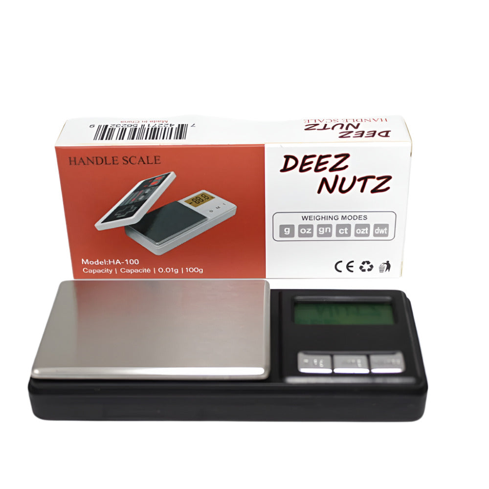 HA-100 handle scale, 100g capacity with 0.01g precision, compact digital design with LCD display for accurate portable weighing.