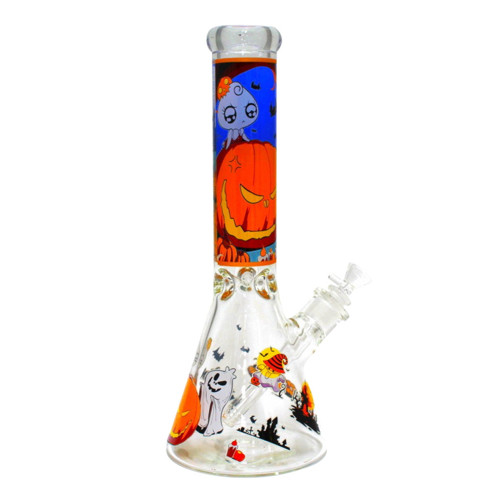 Halloween Glow Beaker Art Heavy Duty Water Pipe featuring glow-in-the-dark themed design, thick glass construction, and beaker base for smooth and durable filtration.