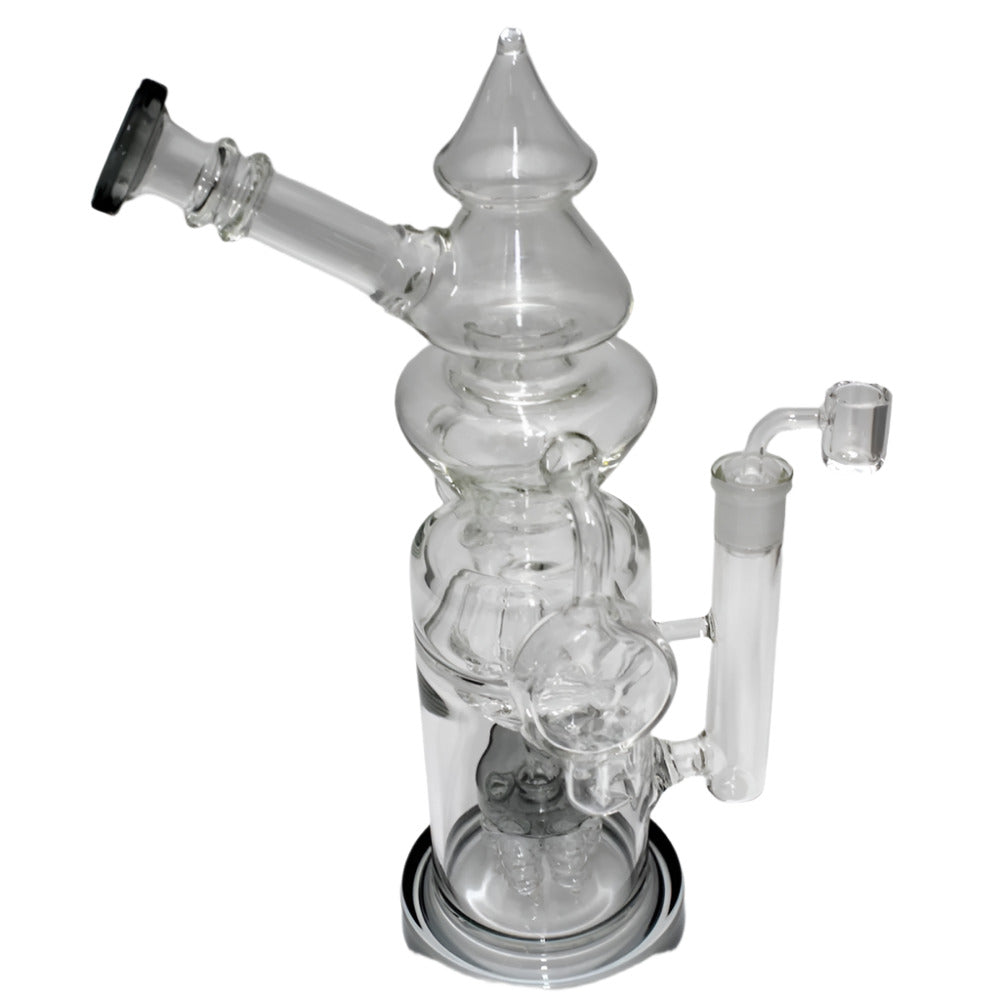 New handled design dab rig water pipe with side arm construction, durable glass body, smooth airflow, and 18mm male banger.