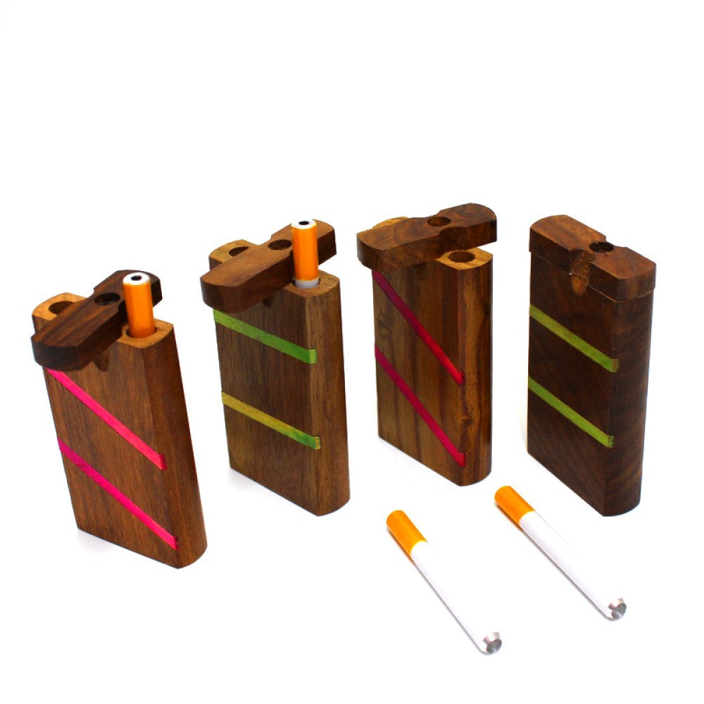 Hand made wooden dugout set with 3 inch metal one hitter, featuring compact design, durable wood construction, and portable smoking accessory.