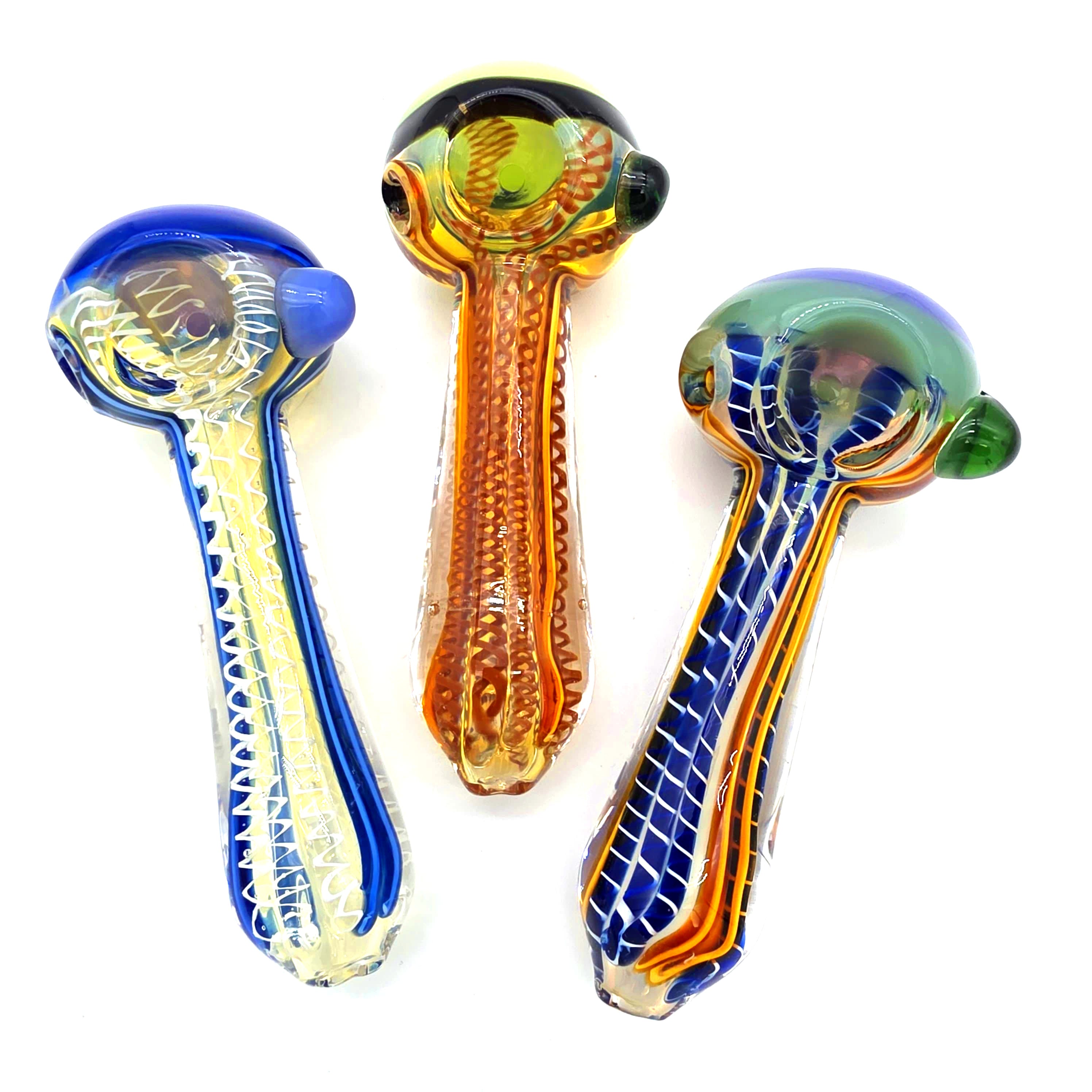 Head color frit heavy duty glass hand pipe made from thick durable glass with fritted color design, compact shape, and smooth airflow for easy use.