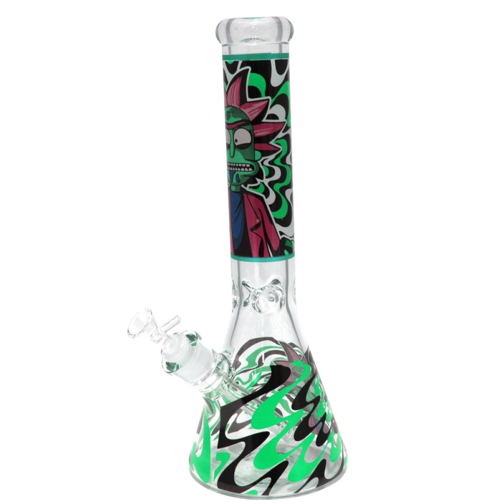 Heavy Beaker Glow in the Dark Decal Art Water Pipe with thick glass construction, glass-on-glass connection, and luminous artistic design for smooth filtration.