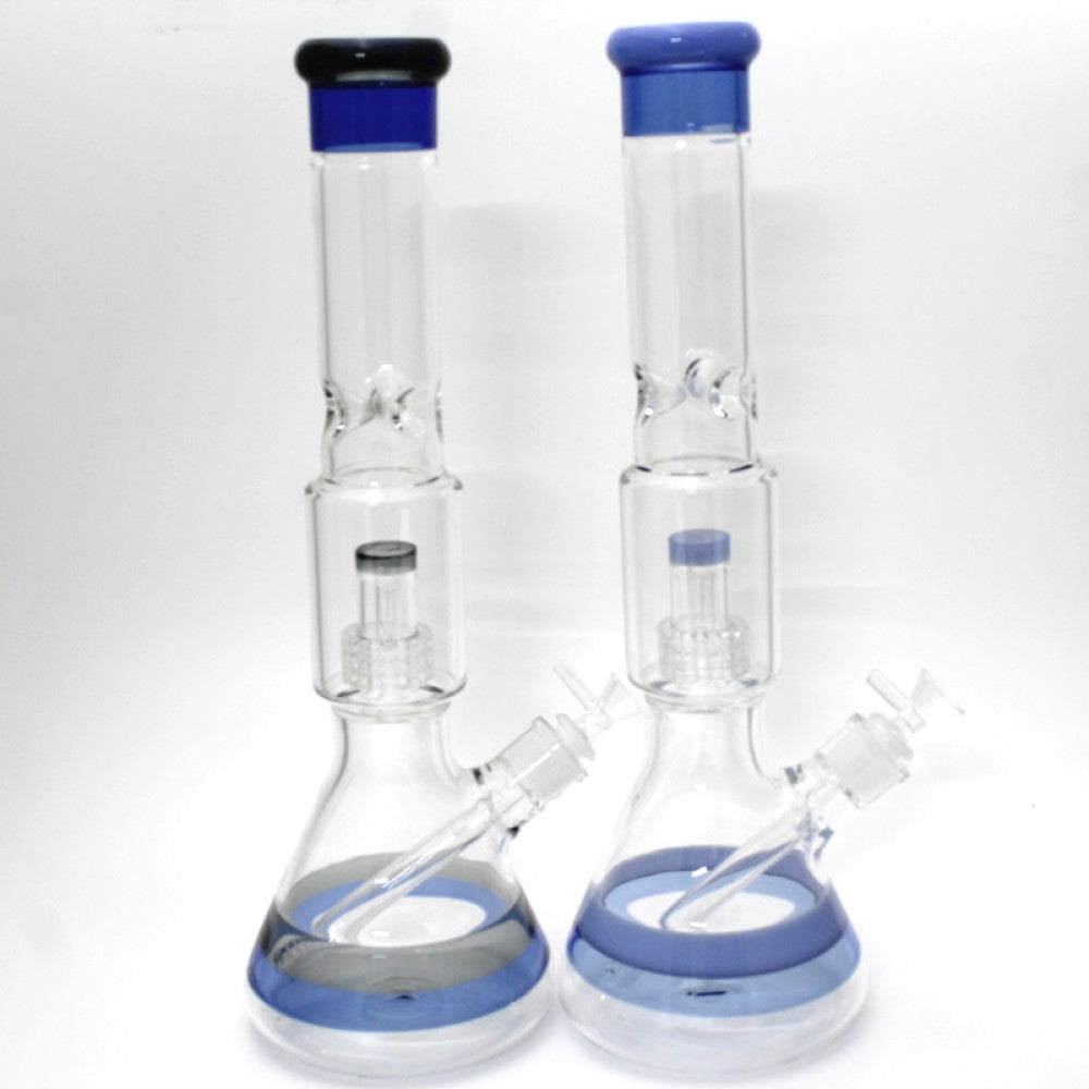 Heavy beaker shower head dome percolator water pipe with colored tube and durable glass construction for smooth filtration and clean smoking experience.