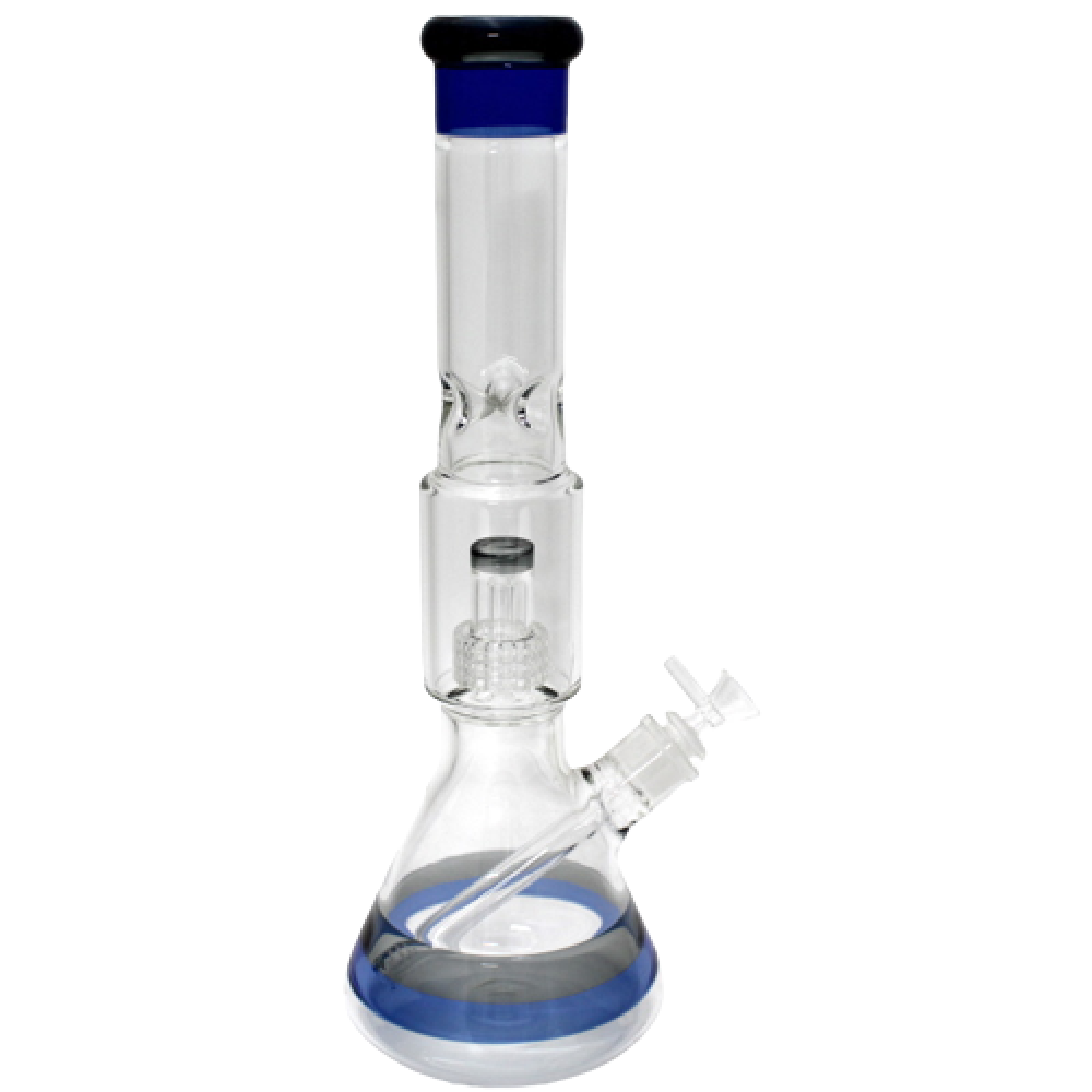 Heavy beaker base tube color shower head dome percolator water pipe with glass on glass connection, durable construction and multi-stage filtration for smooth smoking experience.