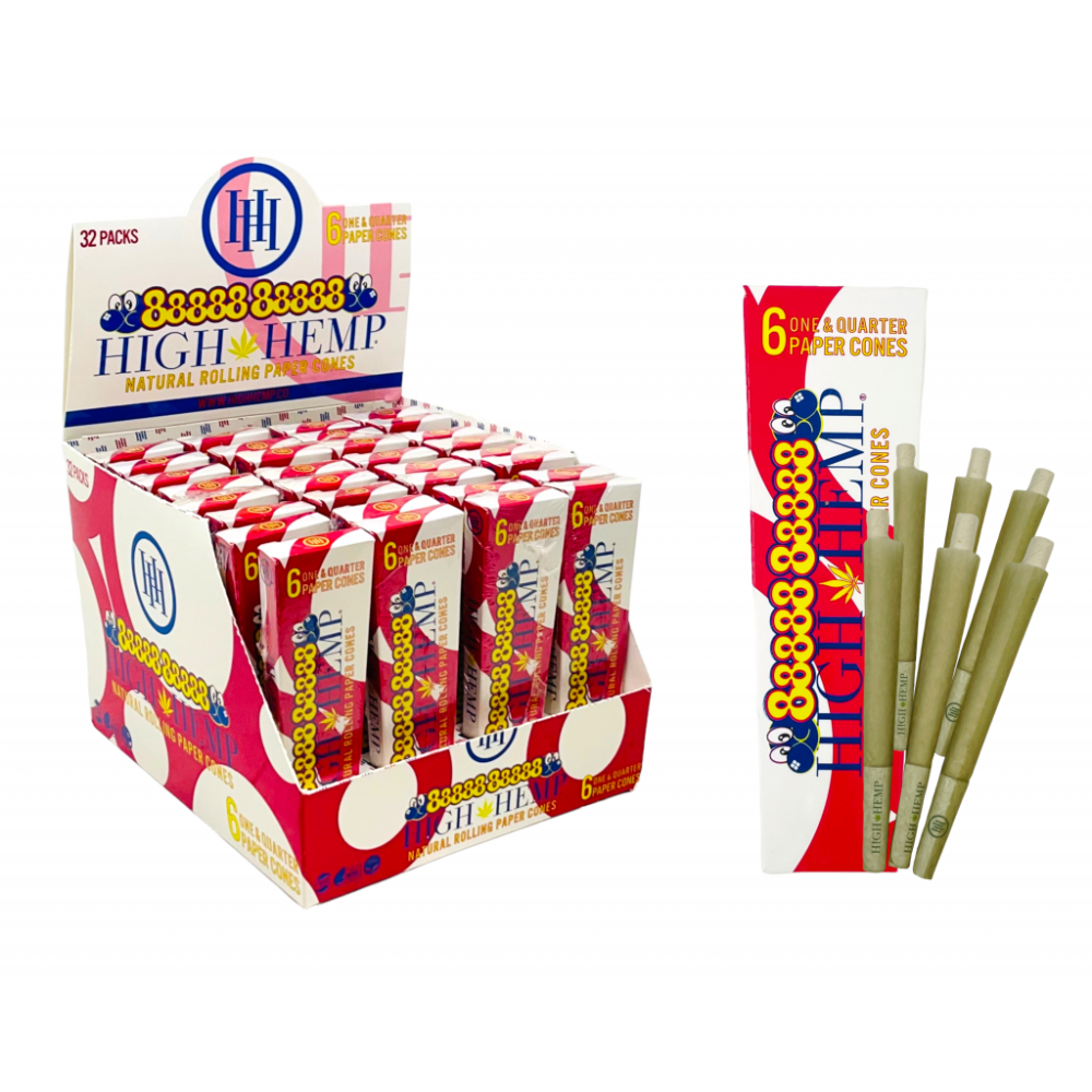 High Hemp 1 1/4 size pre-rolled hemp cones made from organic hemp fibers, unbleached slow-burning cones designed for easy filling and smooth use.