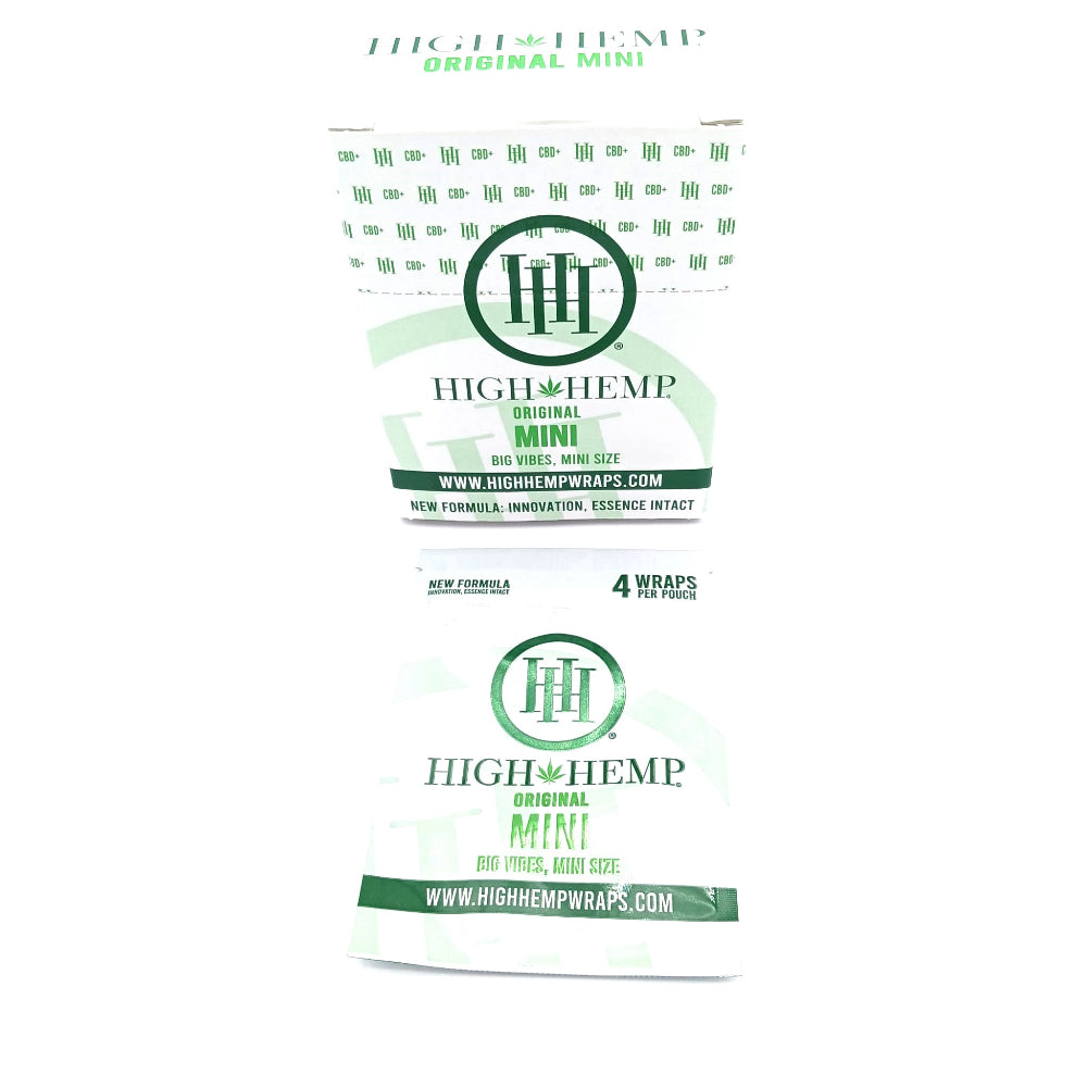 High Hemp Original Mini Wraps 15 pouches per box with 4 wraps per pouch, made from natural hemp for a slow even burn, easy rolling, and smooth flavor.