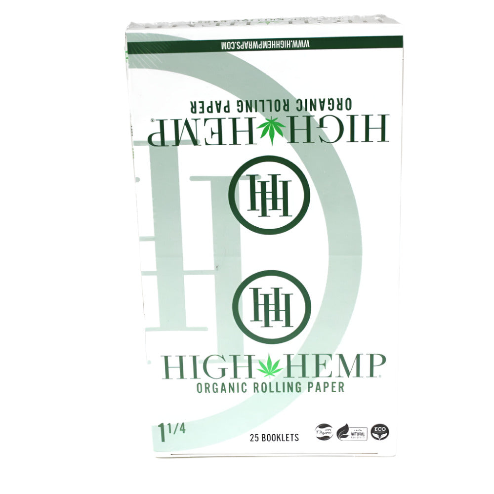 High Hemp Organic 1 1/4 size rolling papers 25 booklets per box, unbleached organic hemp papers with slow-burning and smooth rolling performance.