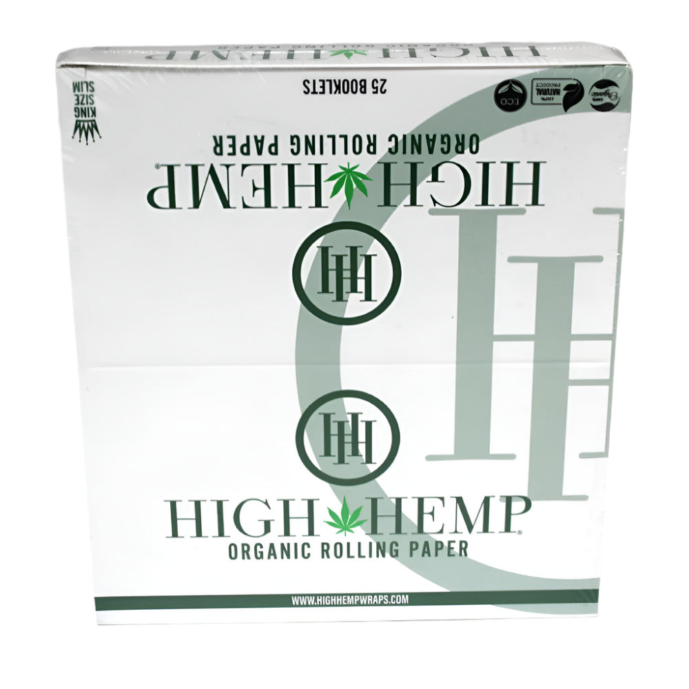 High Hemp Organic King Size Slim rolling papers 25 booklets per box, unbleached organic hemp papers with slow-burning and smooth rolling performance.