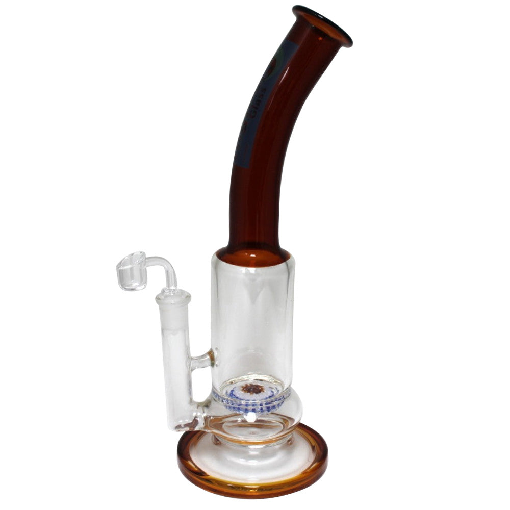 High Up Cali Made water pipe with curved design, durable glass construction, and 18mm male banger for smooth airflow and stable performance.