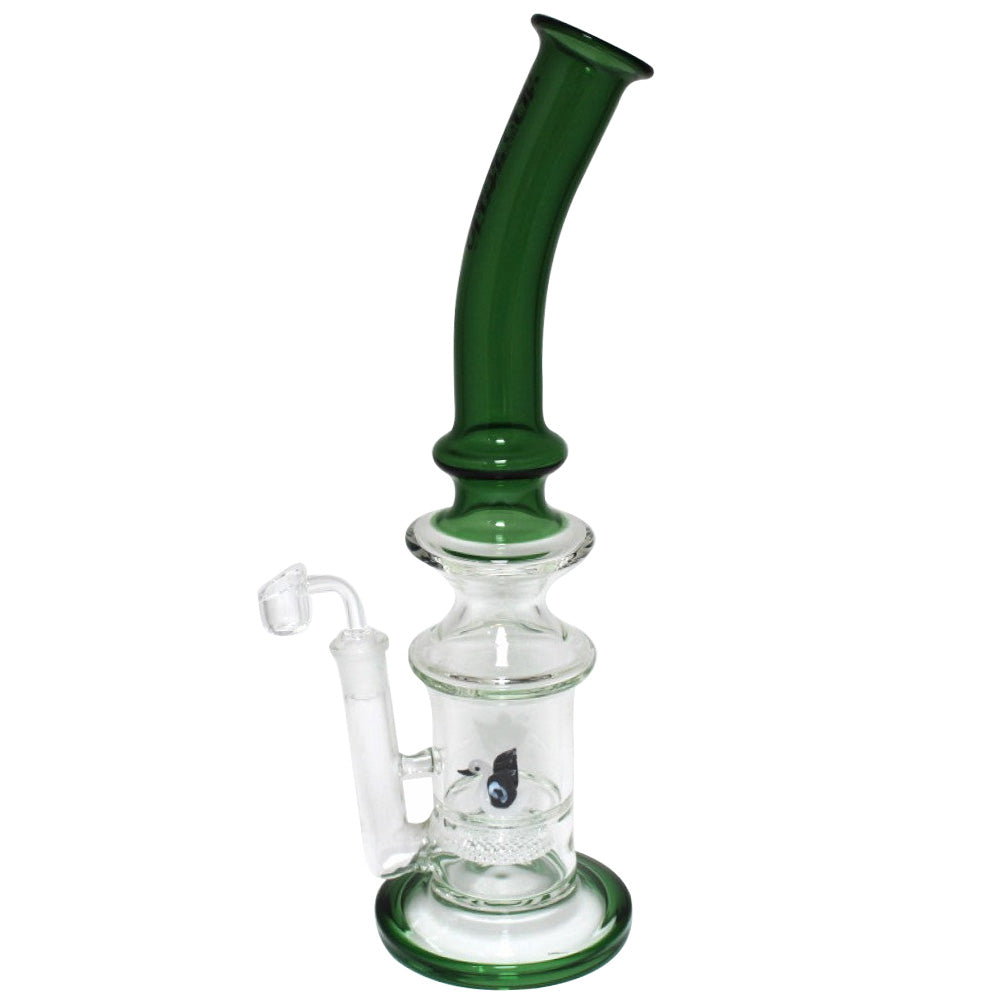 High Up USA Made honeycomb water pipe with durable glass construction, honeycomb percolator, and 18mm male banger for smooth filtration.